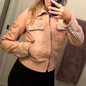 VDP leather bomber(motorcycle) pink powder shade jacket with crystals. Size 44